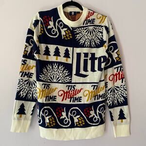 Miller Lite Ugly Christmas Holiday Sweater Crewneck Navy Blue White Men's Small